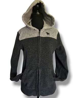 Abercrombie Kids Zip Up Hoodie Gray Two‑Tone Moose Logo 15/16 Cozy Fall Sweater